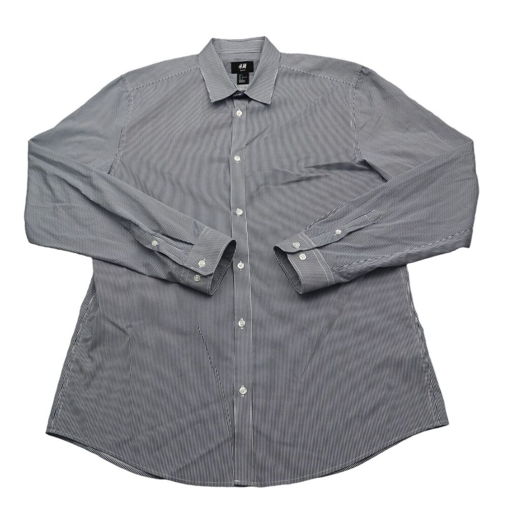 HM Shirt Mens L Blue Long Sleeve Slim Fit Striped Collared Casual Button Up